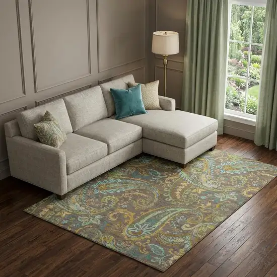 Chocolate Blue And Green Paisley Washable Area Rug With UV Protection Photo 1