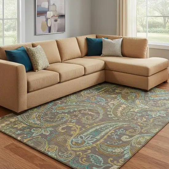 Chocolate Blue And Green Paisley Washable Area Rug With UV Protection Photo 1