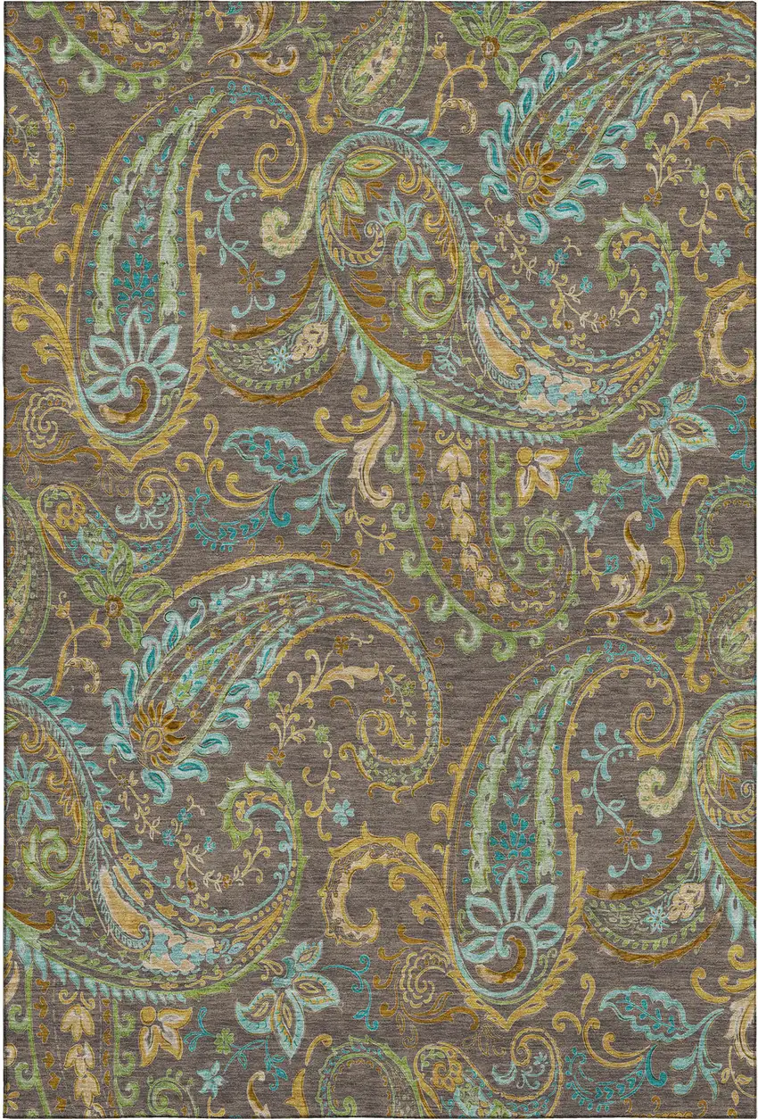 Chocolate Blue And Green Paisley Washable Area Rug With UV Protection Photo 1