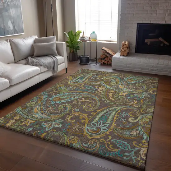 Chocolate Blue And Green Paisley Washable Area Rug With UV Protection Photo 6