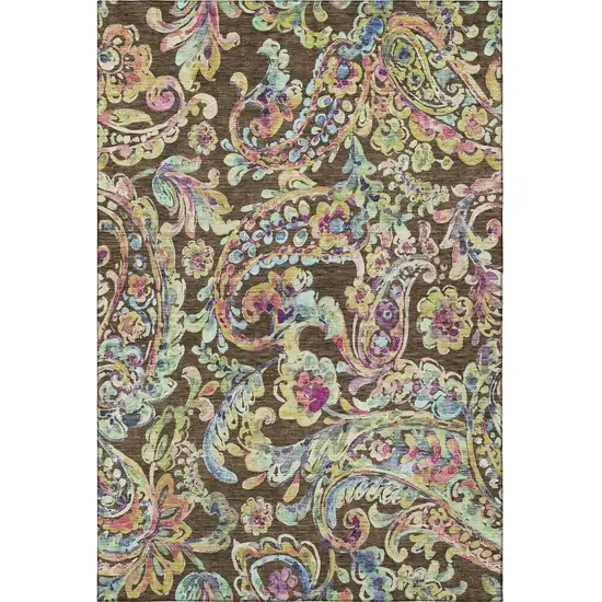 Chocolate Blue And Pink Paisley Washable Area Rug With UV Protection Photo 3