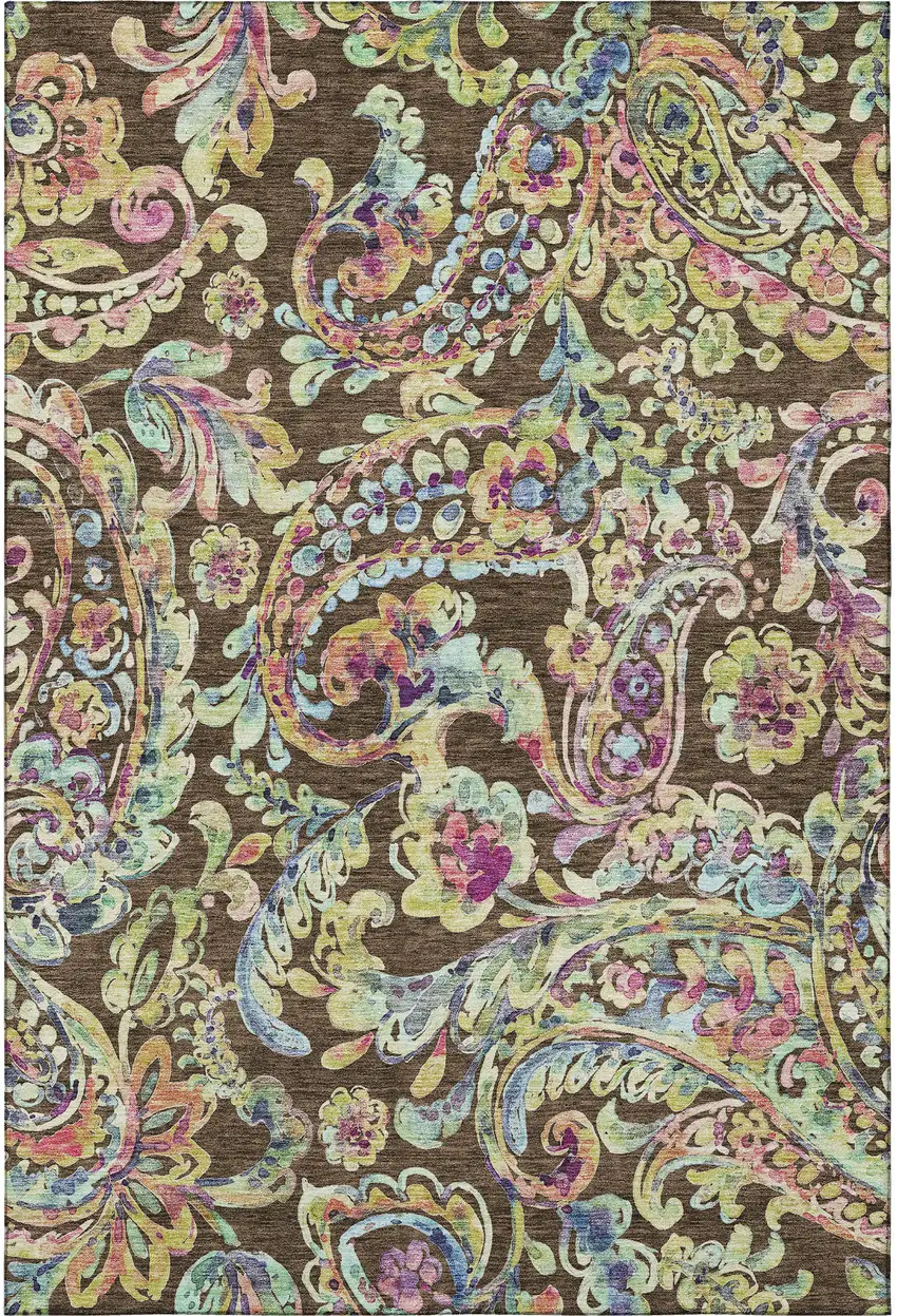 Chocolate Blue And Pink Paisley Washable Area Rug With UV Protection Photo 3