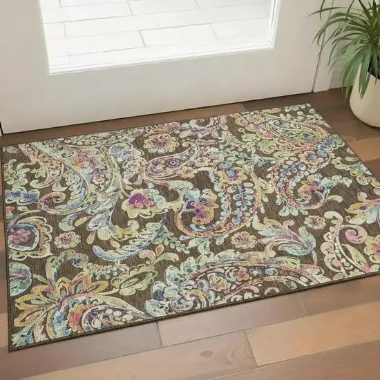 Chocolate Blue And Pink Paisley Washable Area Rug With UV Protection Photo 1