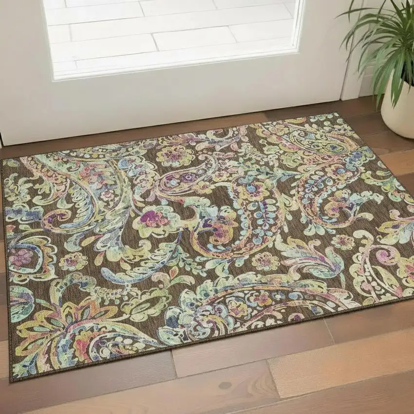 Chocolate Blue And Pink Paisley Washable Area Rug With UV Protection Photo 1