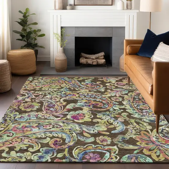 Chocolate Blue And Pink Paisley Washable Area Rug With UV Protection Photo 5