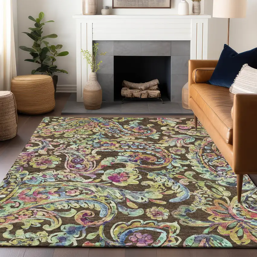 Chocolate Blue And Pink Paisley Washable Area Rug With UV Protection Photo 5