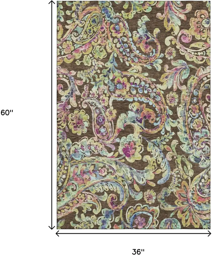 Chocolate Blue And Pink Paisley Washable Area Rug With UV Protection Photo 3