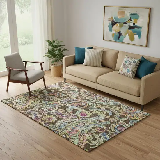 Chocolate Blue And Pink Paisley Washable Area Rug With UV Protection Photo 1