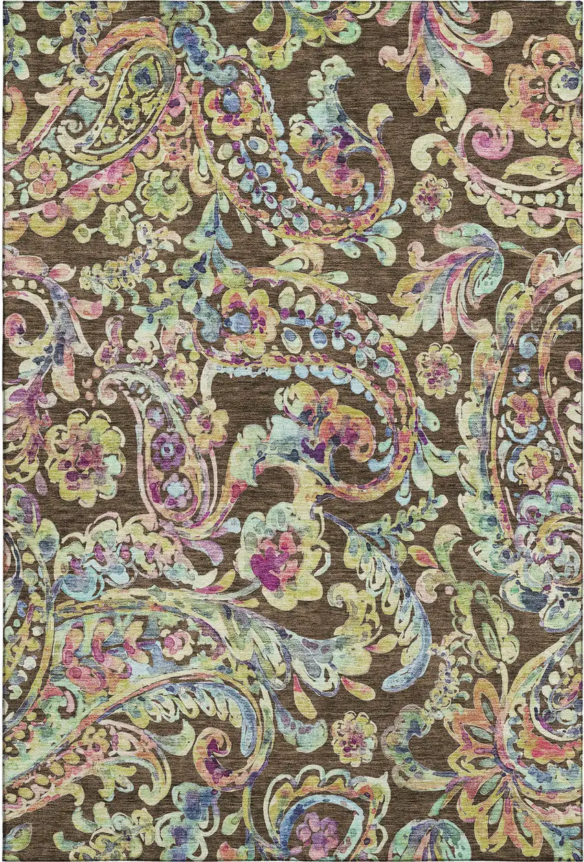 Chocolate Blue And Pink Paisley Washable Area Rug With UV Protection Photo 1