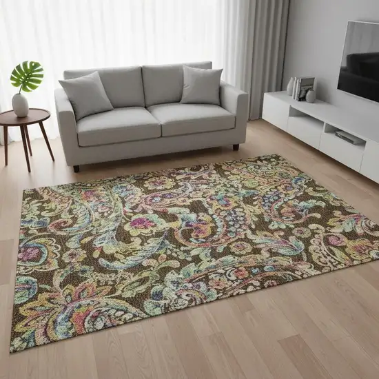 Chocolate Blue And Pink Paisley Washable Area Rug With UV Protection Photo 2