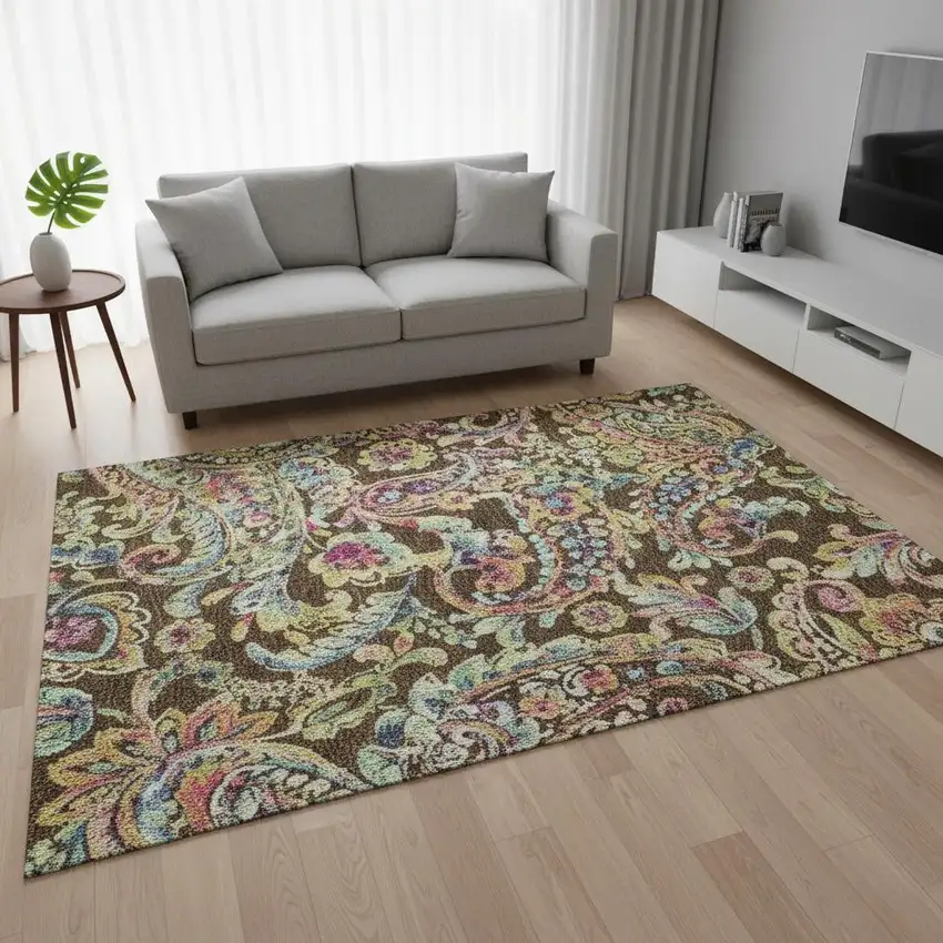 Chocolate Blue And Pink Paisley Washable Area Rug With UV Protection Photo 2