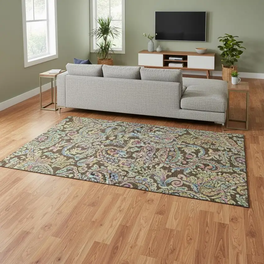 Chocolate Blue And Pink Paisley Washable Area Rug With UV Protection Photo 2