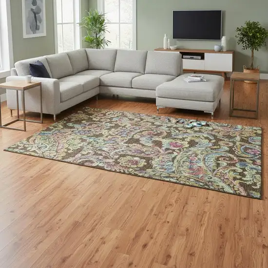 Chocolate Blue And Pink Paisley Washable Area Rug With UV Protection Photo 2