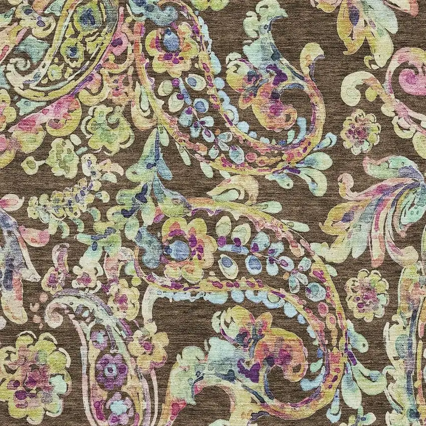 Chocolate Blue And Pink Paisley Washable Area Rug With UV Protection Photo 3