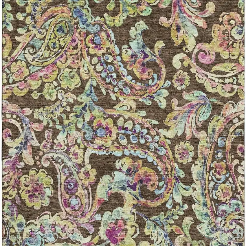 Chocolate Blue And Pink Paisley Washable Area Rug With UV Protection Photo 4