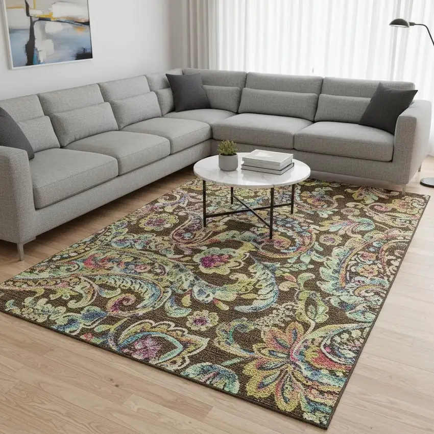 Chocolate Blue And Pink Paisley Washable Area Rug With UV Protection Photo 2