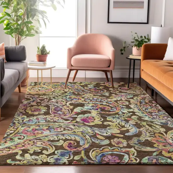 Chocolate Blue And Pink Paisley Washable Area Rug With UV Protection Photo 5