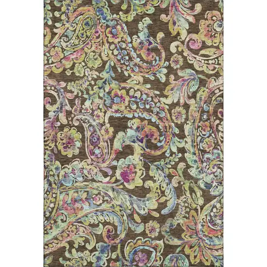 Chocolate Blue And Pink Paisley Washable Area Rug With UV Protection Photo 1