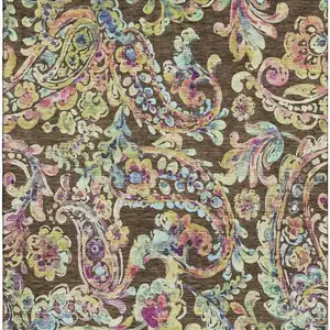 Photo of Chocolate Blue And Pink Paisley Washable Area Rug With UV Protection