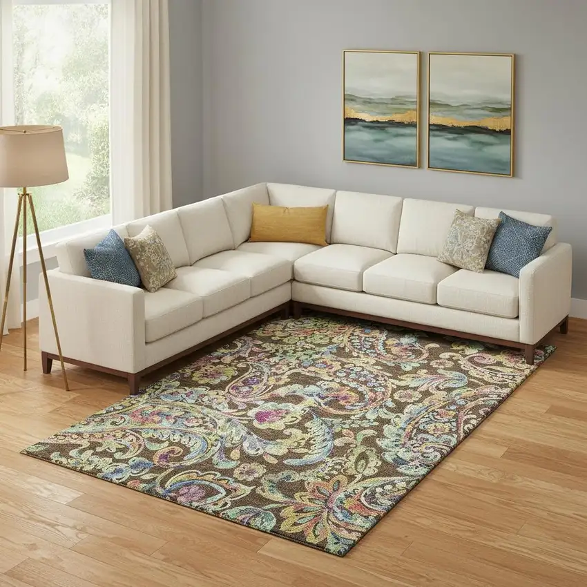 Chocolate Blue And Pink Paisley Washable Area Rug With UV Protection Photo 1