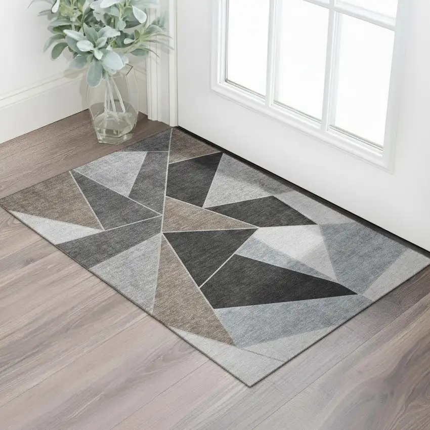 Chocolate Brown And Gray Geometric Washable Area Rug With UV Protection Photo 1