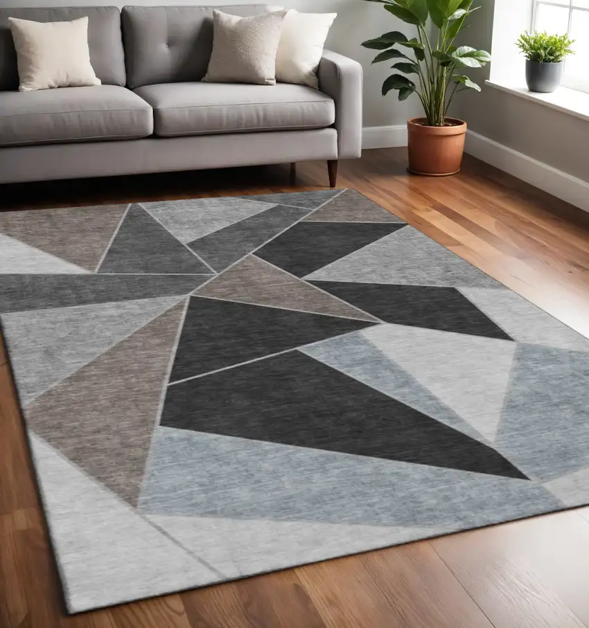 Chocolate Brown And Gray Geometric Washable Area Rug With UV Protection Photo 2