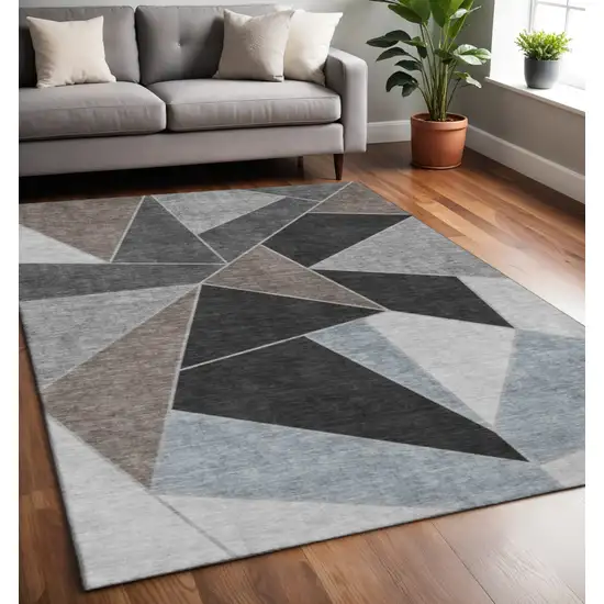 Chocolate Brown And Gray Geometric Washable Area Rug With UV Protection Photo 2
