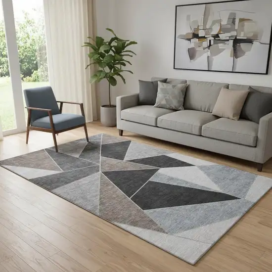Chocolate Brown And Gray Geometric Washable Area Rug With UV Protection Photo 1