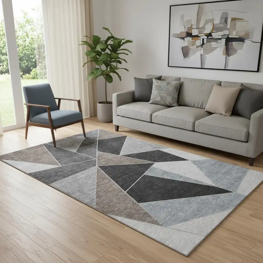 Chocolate Brown And Gray Geometric Washable Area Rug With UV Protection Photo 1