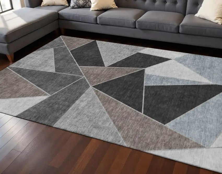 Chocolate Brown And Gray Geometric Washable Area Rug With UV Protection Photo 2