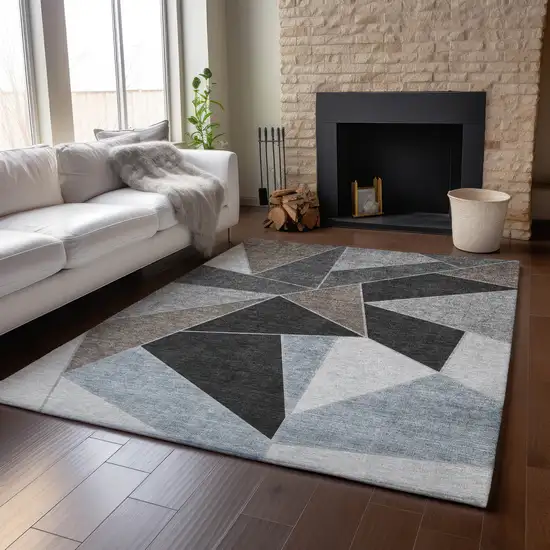 Chocolate Brown And Gray Geometric Washable Area Rug With UV Protection Photo 6