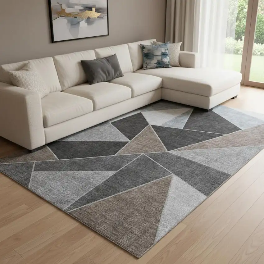 Chocolate Brown And Gray Geometric Washable Area Rug With UV Protection Photo 1