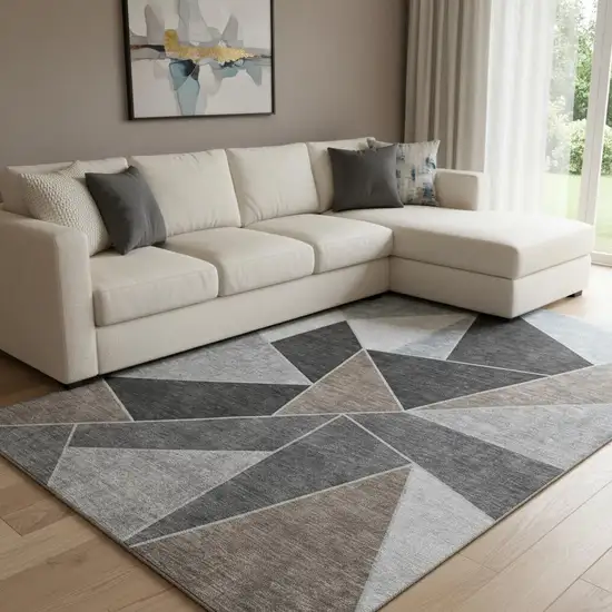 Chocolate Brown And Gray Geometric Washable Area Rug With UV Protection Photo 1