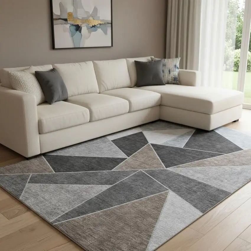 Chocolate Brown And Gray Geometric Washable Area Rug With UV Protection Photo 1