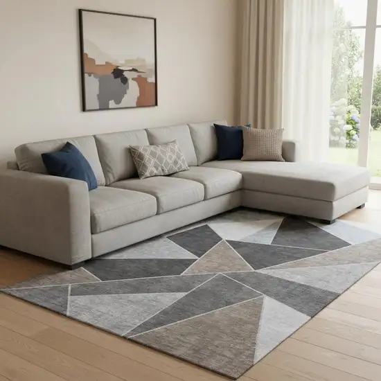 Chocolate Brown And Gray Geometric Washable Area Rug With UV Protection Photo 1