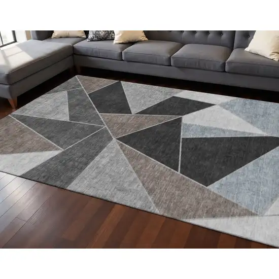 Chocolate Brown And Gray Geometric Washable Area Rug With UV Protection Photo 2