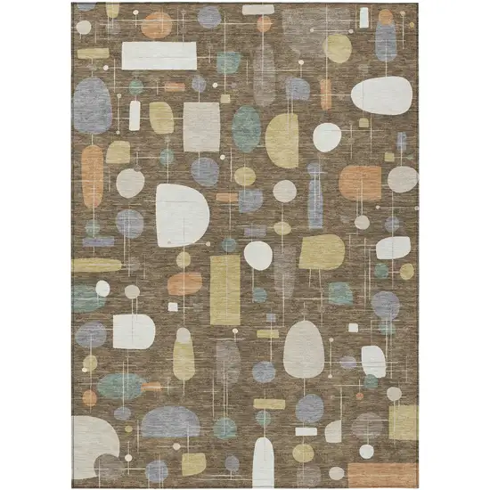 Chocolate Brown And Gray Geometric Washable Indoor Outdoor Area Rug Photo 1