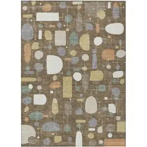 Photo of Chocolate Brown And Gray Geometric Washable Indoor Outdoor Area Rug