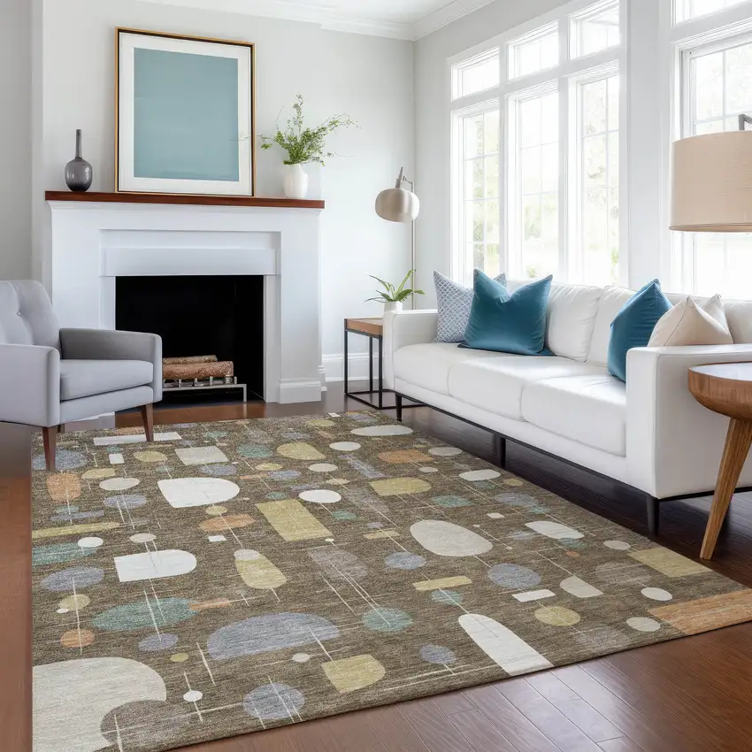 Chocolate Brown And Gray Geometric Washable Indoor Outdoor Area Rug Photo 6