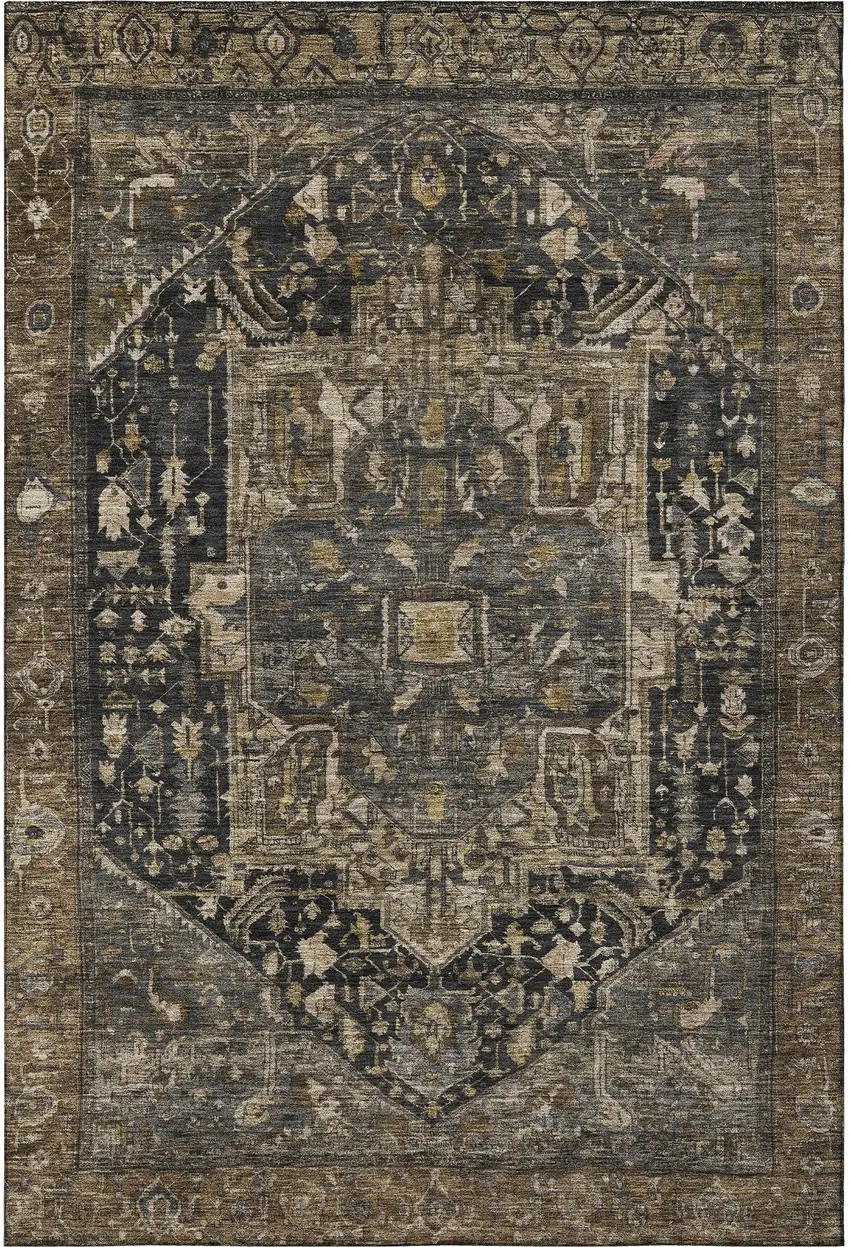 Chocolate Charcoal And Beige Oriental Washable Area Rug With UV Protection Photo 3