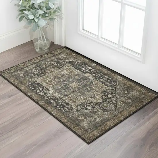 Chocolate Charcoal And Beige Oriental Washable Area Rug With UV Protection Photo 2