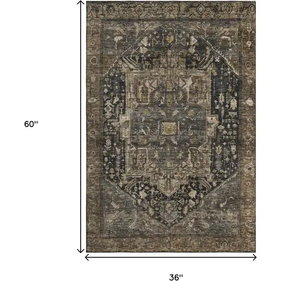 Chocolate Charcoal And Beige Oriental Washable Area Rug With UV Protection Photo 3