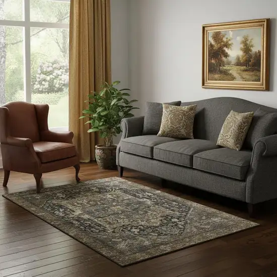 Chocolate Charcoal And Beige Oriental Washable Area Rug With UV Protection Photo 2