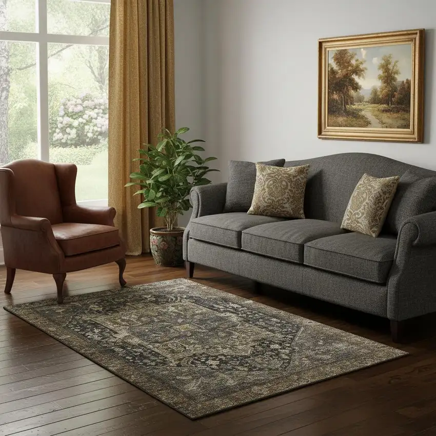 Chocolate Charcoal And Beige Oriental Washable Area Rug With UV Protection Photo 2