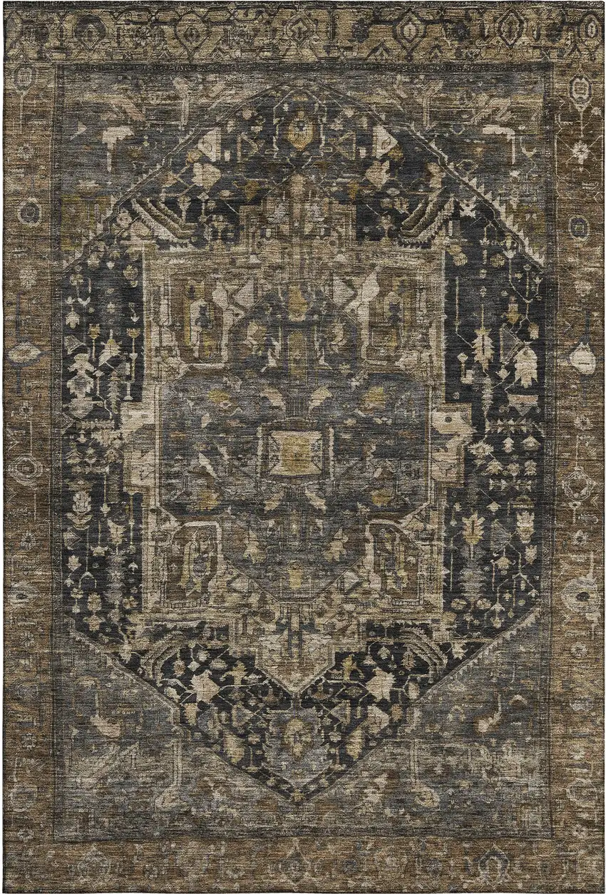Chocolate Charcoal And Beige Oriental Washable Area Rug With UV Protection Photo 1