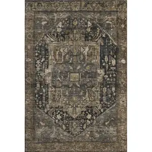 Photo of Chocolate Charcoal And Beige Oriental Washable Area Rug With UV Protection