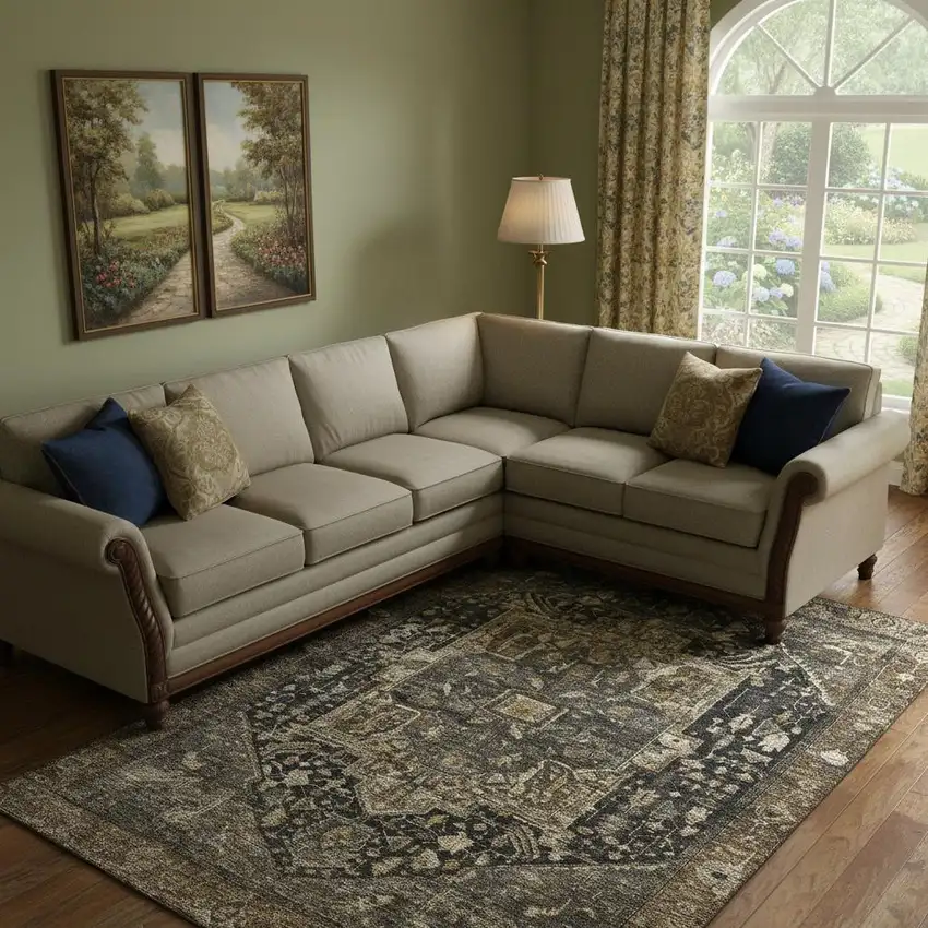 Chocolate Charcoal And Beige Oriental Washable Area Rug With UV Protection Photo 2