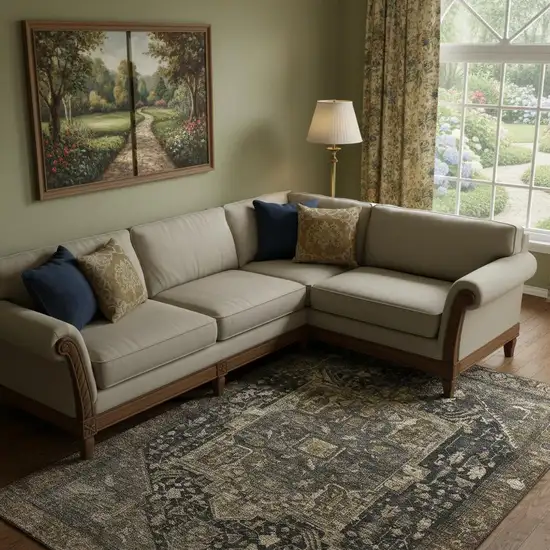 Chocolate Charcoal And Beige Oriental Washable Area Rug With UV Protection Photo 2