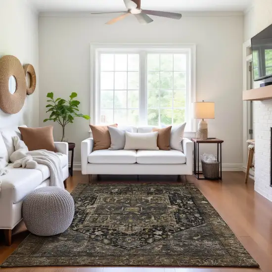 Chocolate Charcoal And Beige Oriental Washable Area Rug With UV Protection Photo 5