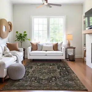 Photo of Chocolate Charcoal And Beige Oriental Washable Area Rug With UV Protection